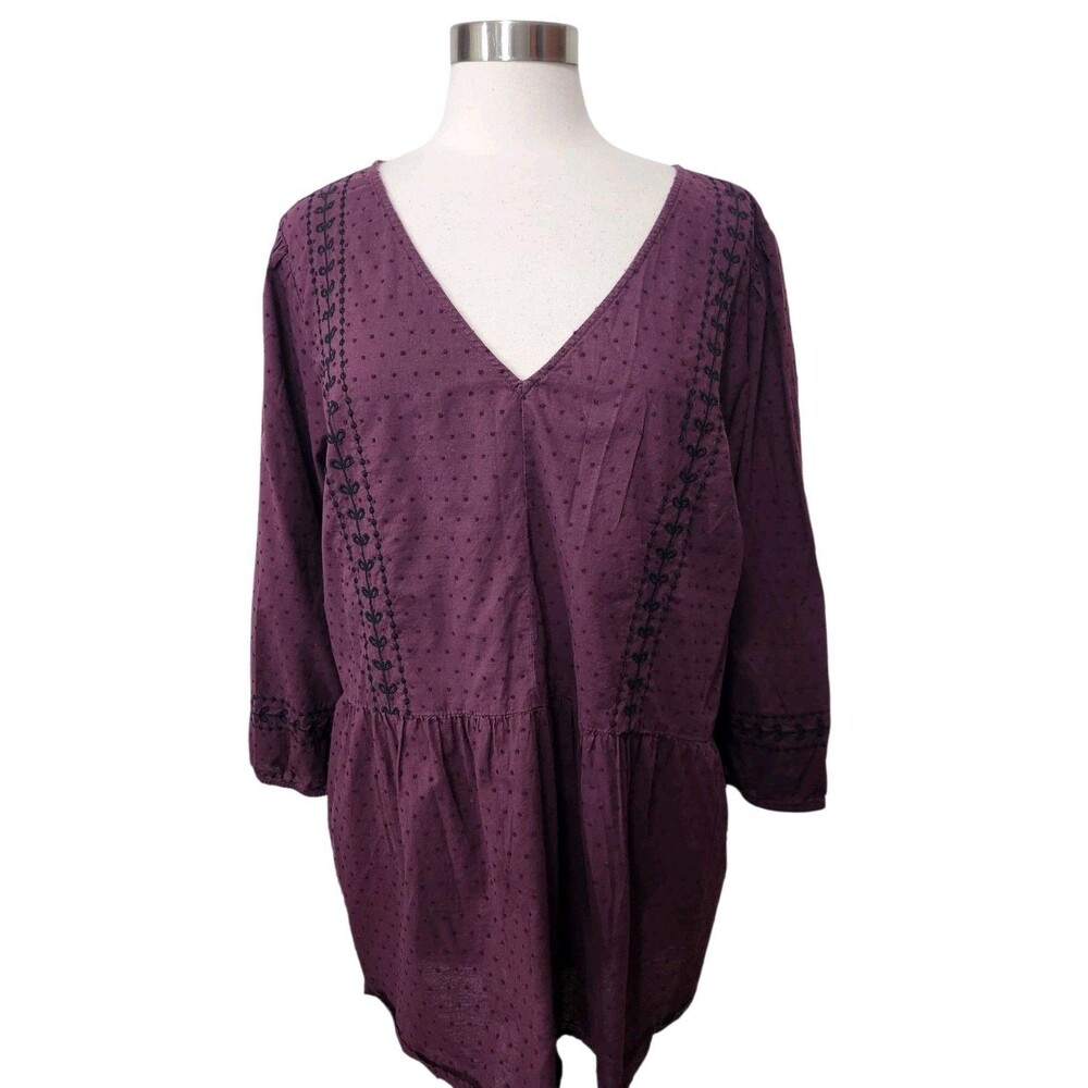 LANE BRYANT WOMEN'S Top 24 Purple Dotted Swiss Babydoll Pullover 3/4 Slv V-Neck